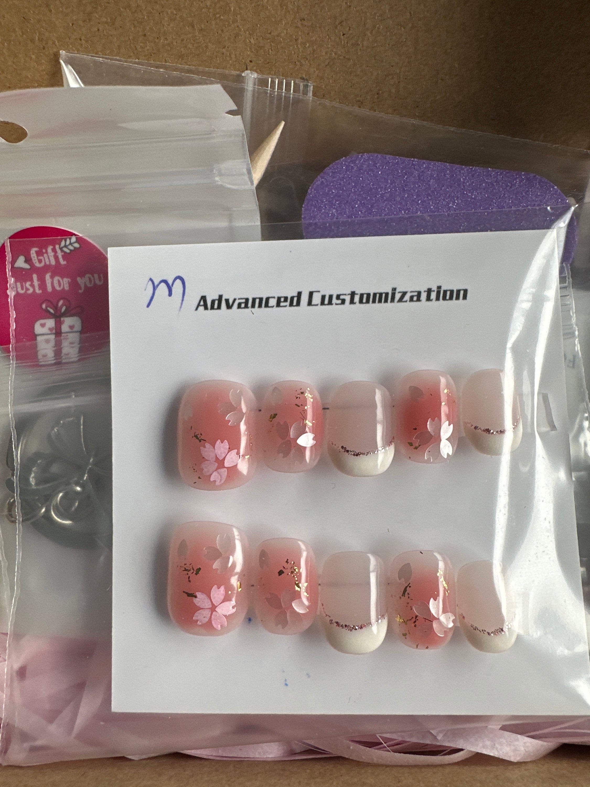 Delicate Sakura Flower Nail/Cute Short Light Pink French Tip Nail/Floral Handmade Press on Nails/Japanese Spring Nail