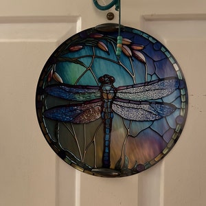 Round Faux Stained Glass Dragonfly Wreath Sign, Welcome Wreath