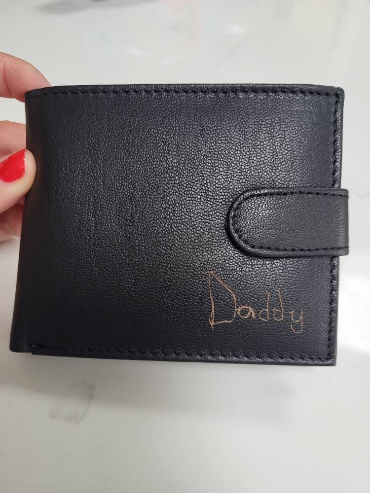 Personalised Engraved Men&#39;s Wallet, Genuine Soft Black Leather Wallet, Personalized Gift for Him, Boyfriend, Husband, Dad, Christmas Gift