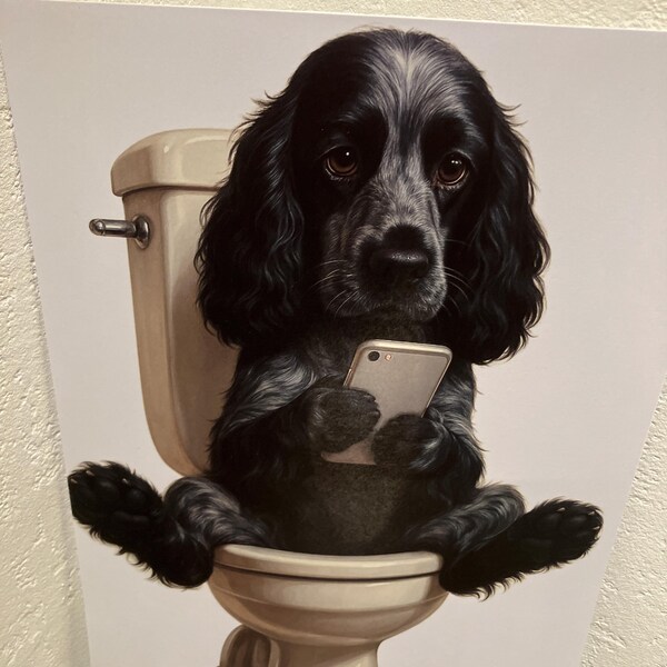 Black Cocker Spaniel Wall Art – Funny Dog Bathroom Print – Spaniel on ...