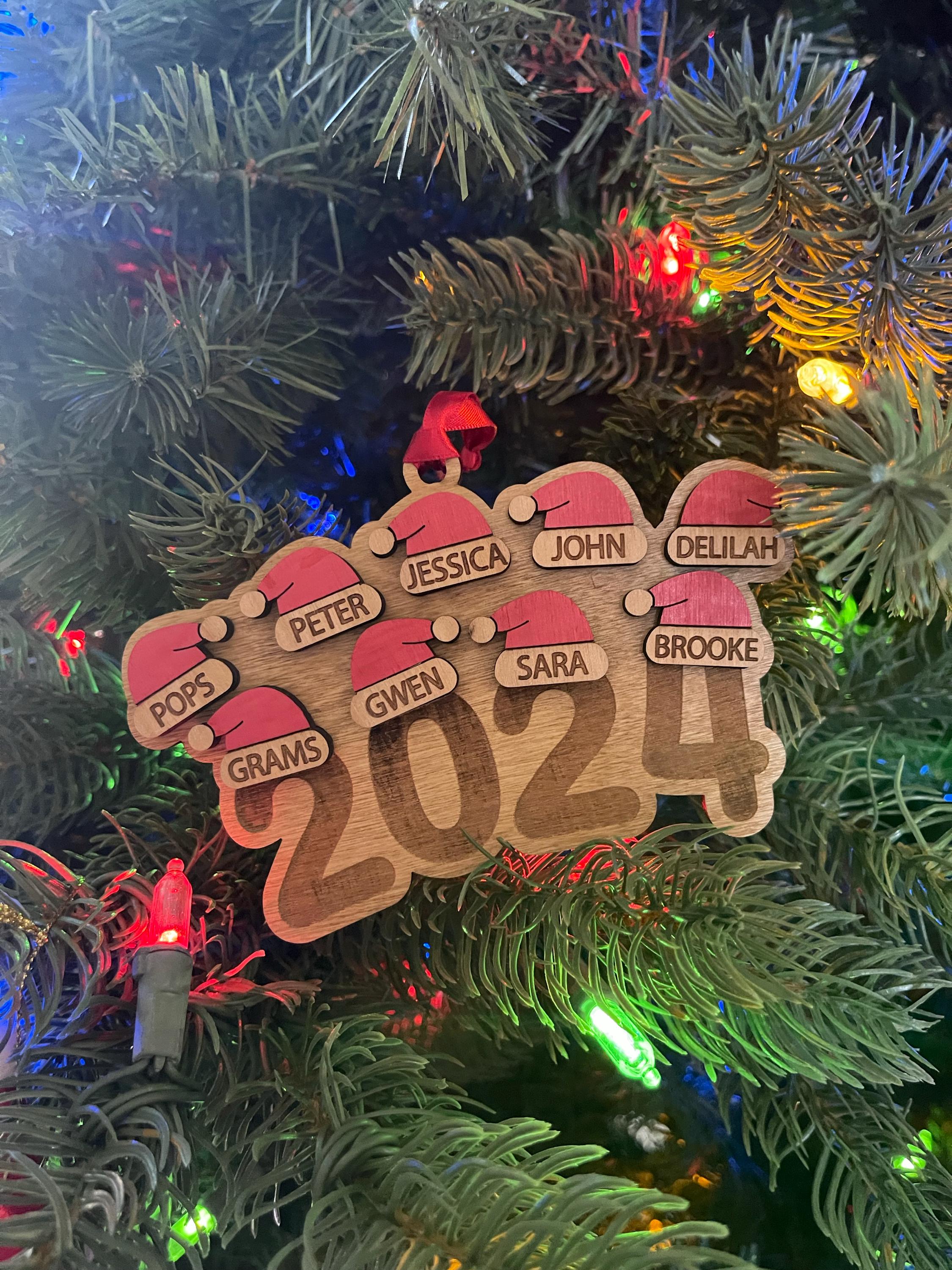 Personalized Family Christmas Ornament, Engraved Ornament, Santa Hat Ornament, Yearly Ornament, Family Tradition, Family Gift