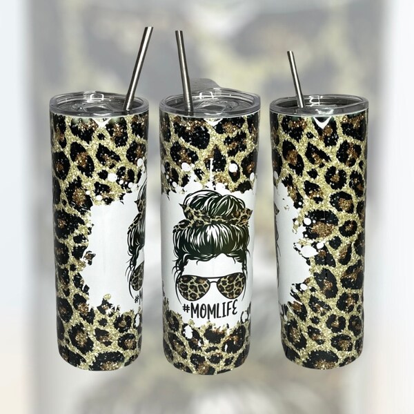 20 OZ Glitter Leopard Mom Life Messy Bun Skinny Tumbler Design ...