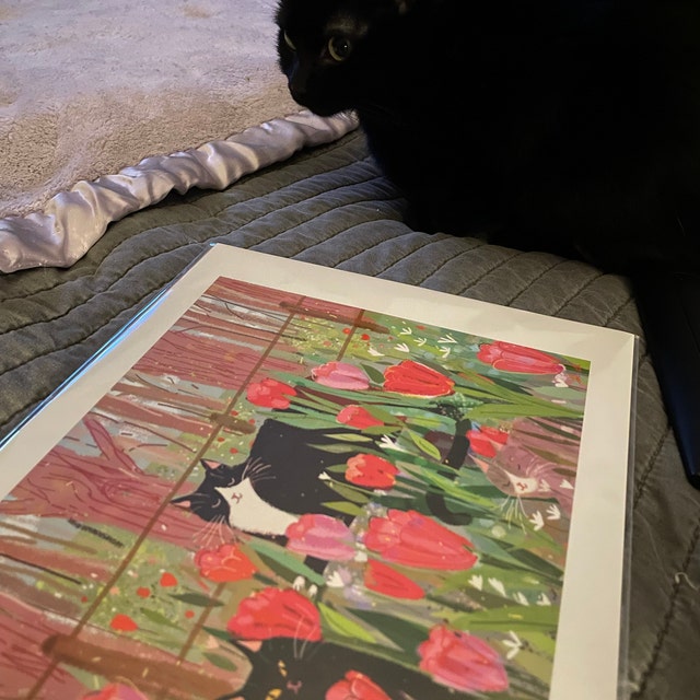 チューリップキャッツ - 春の猫のプリント - 猫の絵画 - ファイン