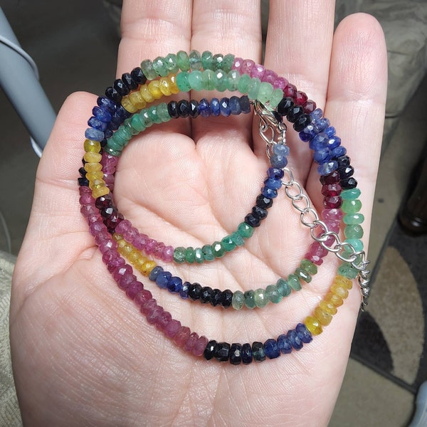 Natural Multi Sapphire Emerald Ruby Gemstone Beads 1 Strand Necklace 20 ...