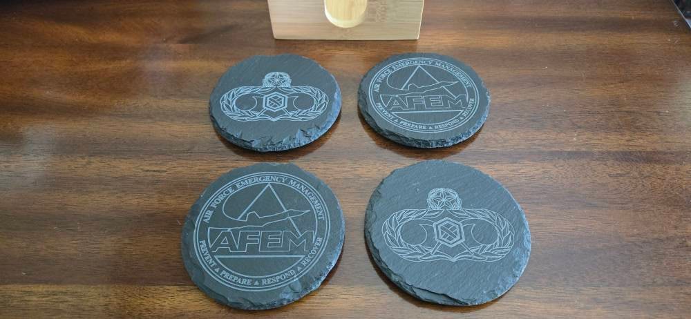 Customer photo of Set of 4 Custom Logo Engraved Slate Coasters with Bamboo Coaster Holder from Robert