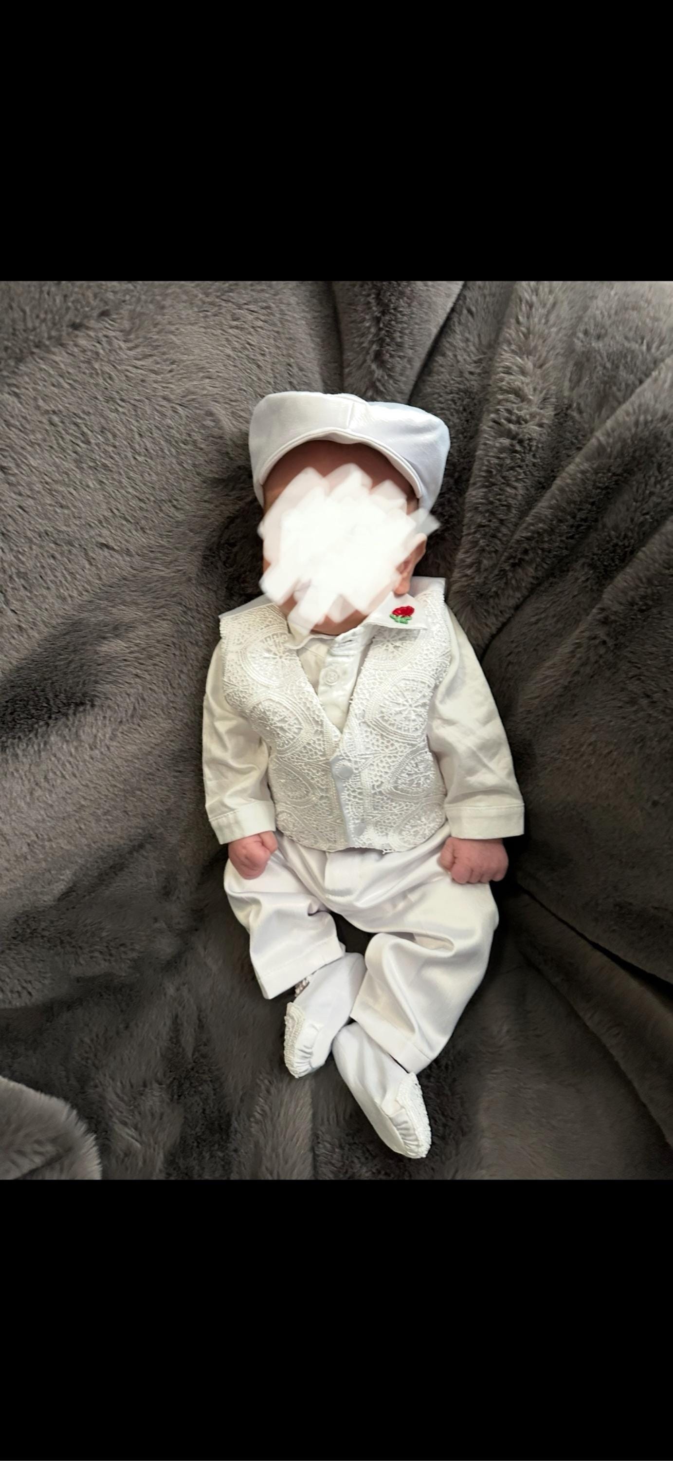 White Baptism Outfit for Baby Boy, Boys Blessing Outfit, Christening Suit - Hat - Booties, Baby Boy Christening Clothes, Boy Wedding Outfit