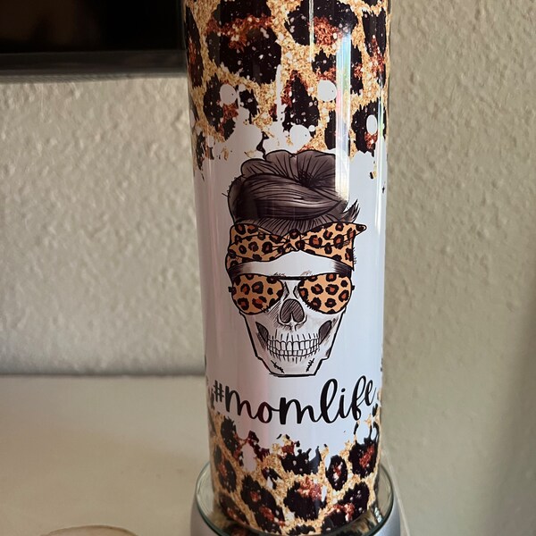 20 OZ Glitter Leopard Mom Life Messy Bun Sublimation Skinny Tumbler ...