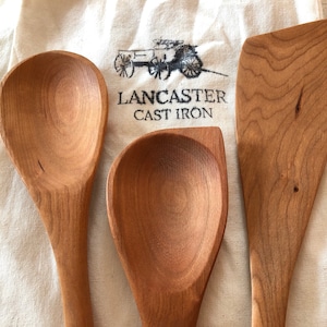 Lancaster Cast Iron Handmade Wooden Spoon & Spatula Set - 12 Cherry Wood, Hand Carved, Made in The USA with Pennsylvania Black Cherry Wood - Cook