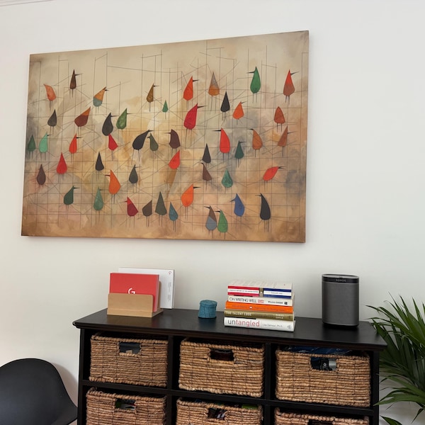 Mid-century Modern Birds on Wire Framed Canvas Print: Abstract Wall Art ...