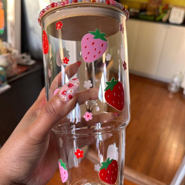 Strawberry Glass Cup, Large Glass Cup With Handle & Lid and Straw, Cute ...