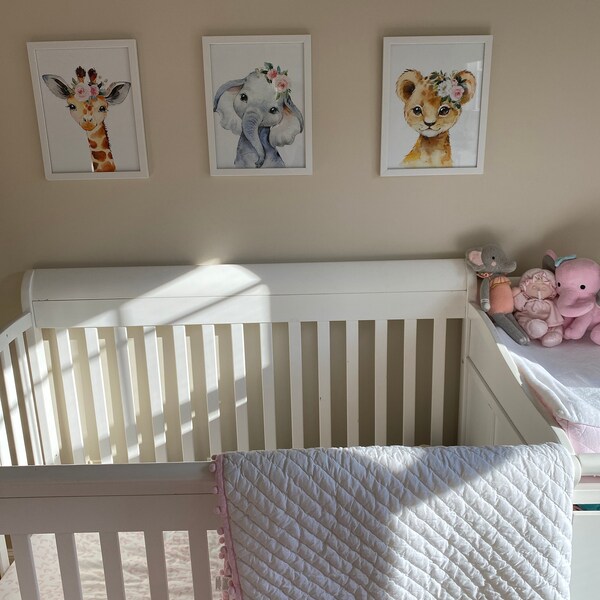Animals Nursery Wall Art Watercolor Safari Girl Pink Coral Blush Floral ...