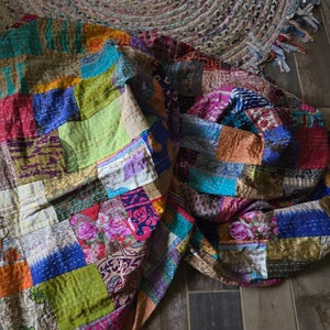 Indian Handmade Frida Kahlo Kantha Quilt Reversible Bedspread Twin/Single Cotton
