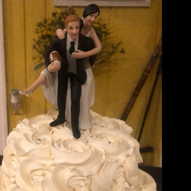 Football Bride and Groom Couple Wedding Cake Topper  Wedding Playful Football Sports Couple Wedding Cake Topper display picture 1
