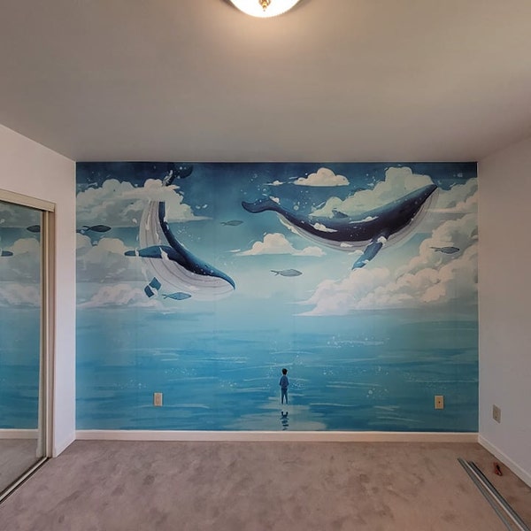 Blue Whale Wallpaper Ocean Motif Nursery Decor Removable Flying Whale ...