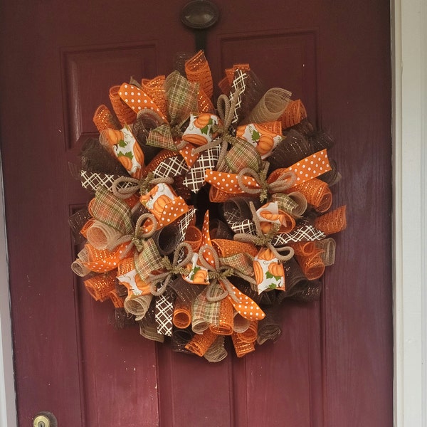 Fall Thanksgiving Mesh Front Door Wreath - Orange Brown Burlap Wreath ...