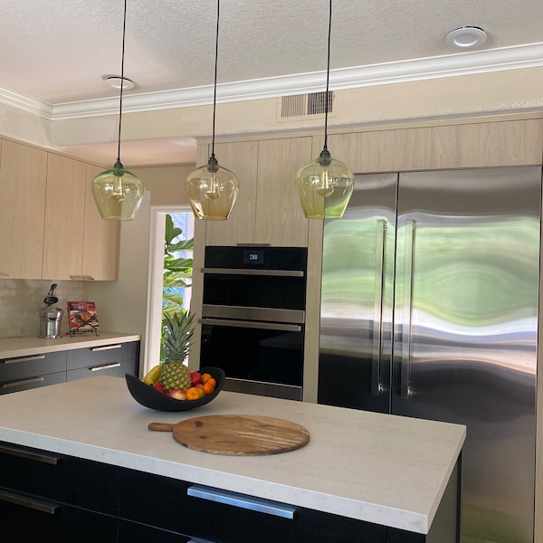 Colored Glass Pendant Lights. Kitchen Pendant Lighting. Lights Over Dining Table. Hand Blown ...