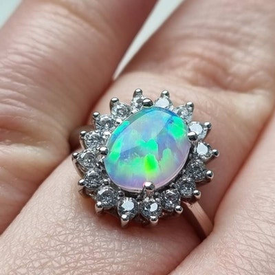 Halo Opal Engagement Ring, 79 Mm White Opal Cabochon Ring With Diamond ...