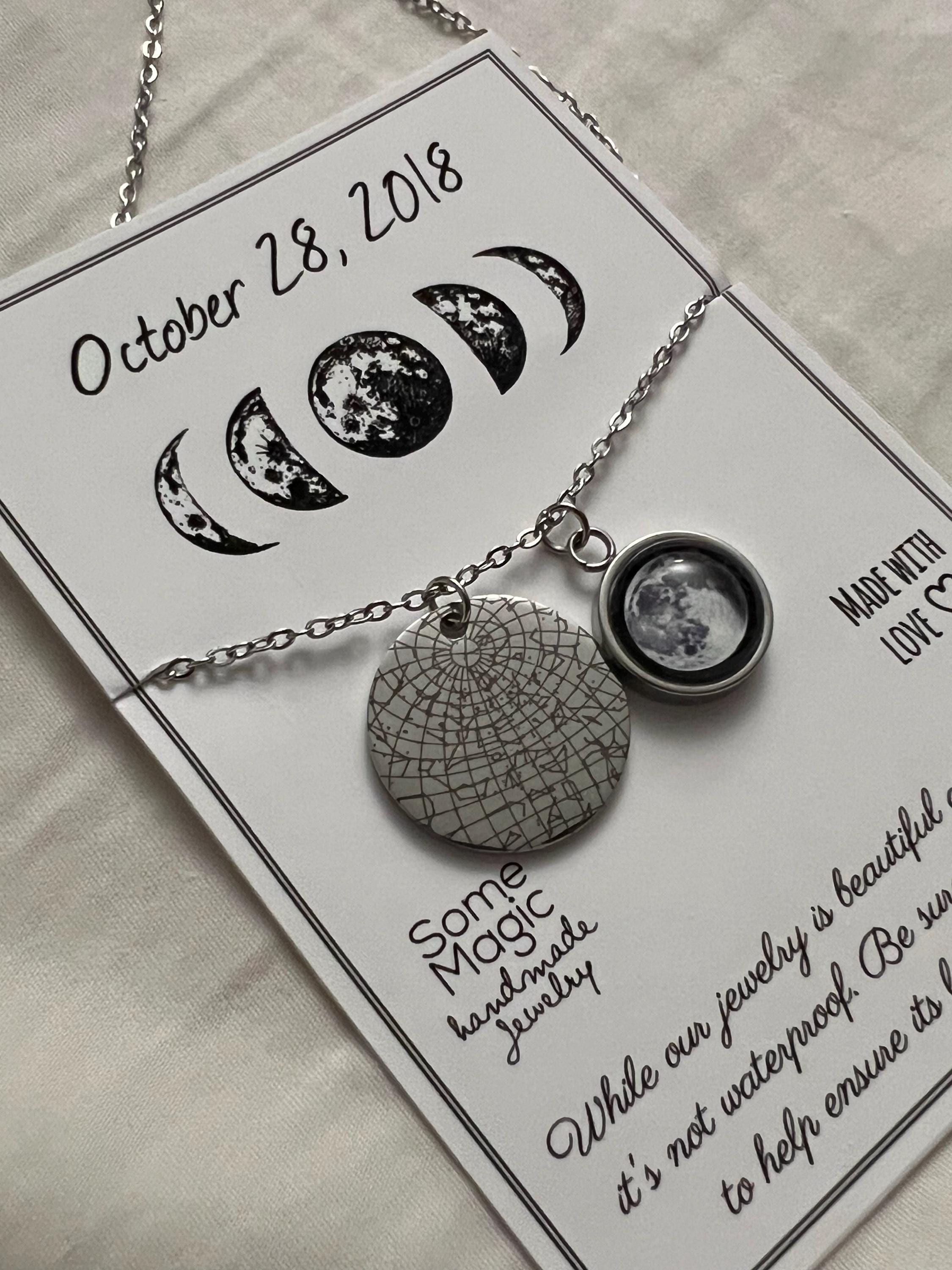 Personalized Moon Phase And Star Map By Date Necklace, Mother&#39;s Day Gift For Mom, Birthday Gift For Daughter, Custom Birth Moon Jewelry, A
