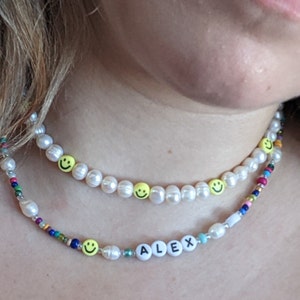 Smiley Face Necklace, Pearl Beaded Choker, Hypoallergenic