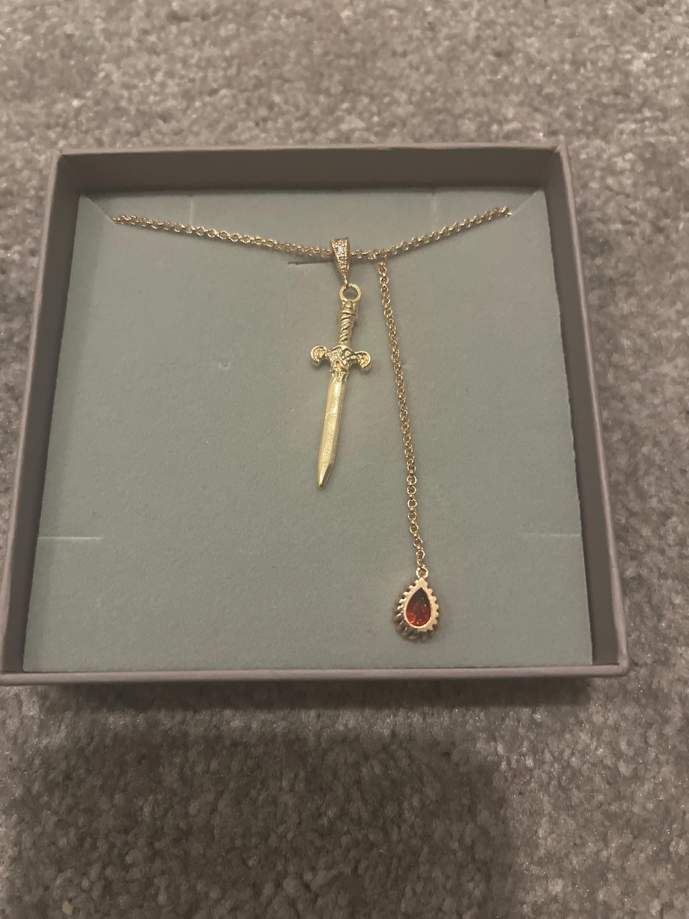 Sword and Blood Drop Necklace / Gold or Silver, Black Deep Red Teardrop Necklace