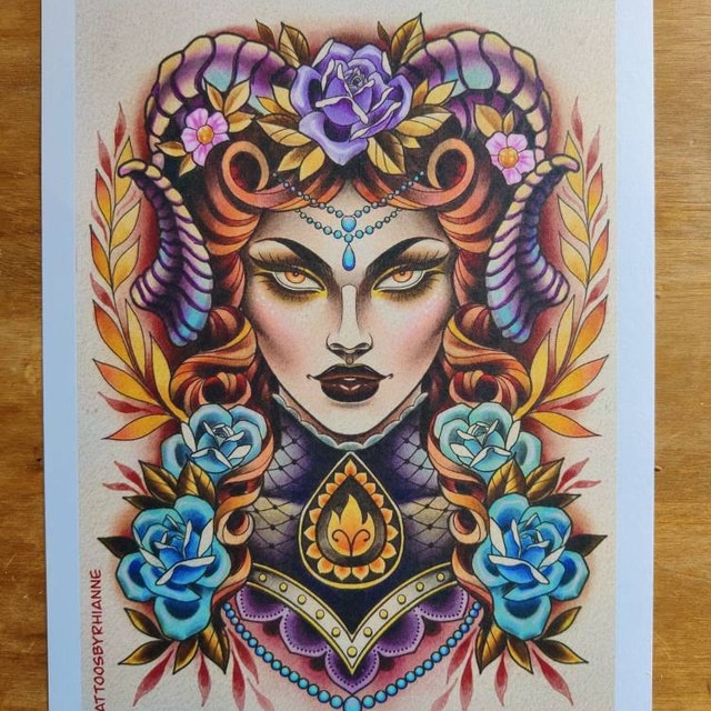 A4 Neo Traditional Lady Head Tattoo Art Print Aries Zodiac