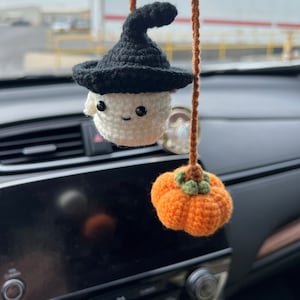 Hallween Decor, Ghost and Pumpkin Car Charm, Crocheted Plush Ghost, Gifts  under 20 for new driver, cute fuzzy dice, rear view mirror charm