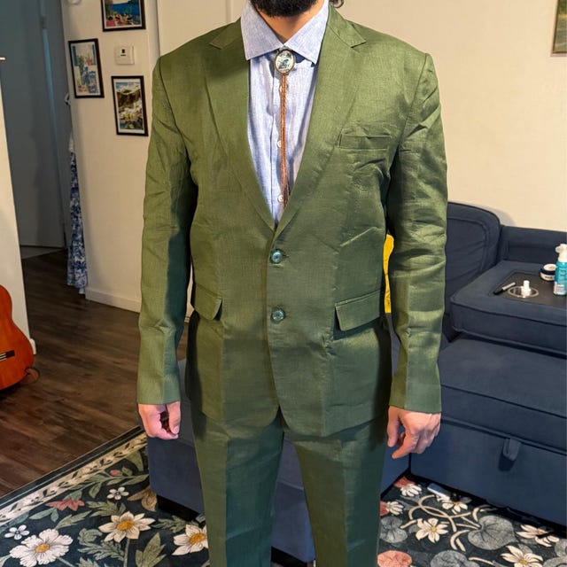 オリーブグリーンのリネンスーツ：メンズ3ピースウェディングスーツ