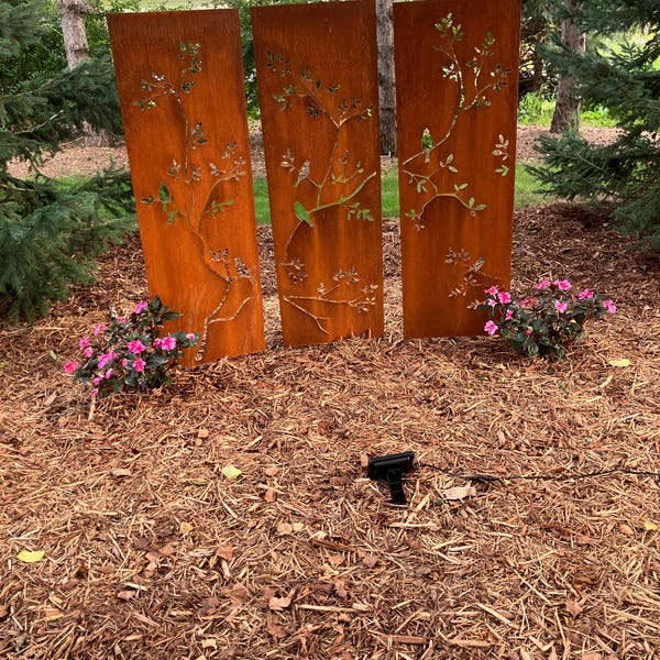 Rusty Metal Privacy Screens, Birds on Branches W/ Garden Stakes, Metal ...