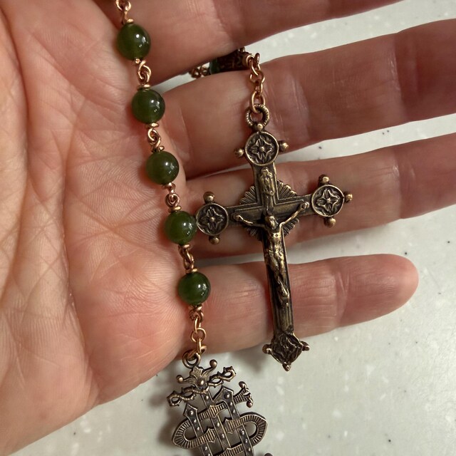 IHS Christogram Single Decade Rosary - Jade and Bronze Tenner