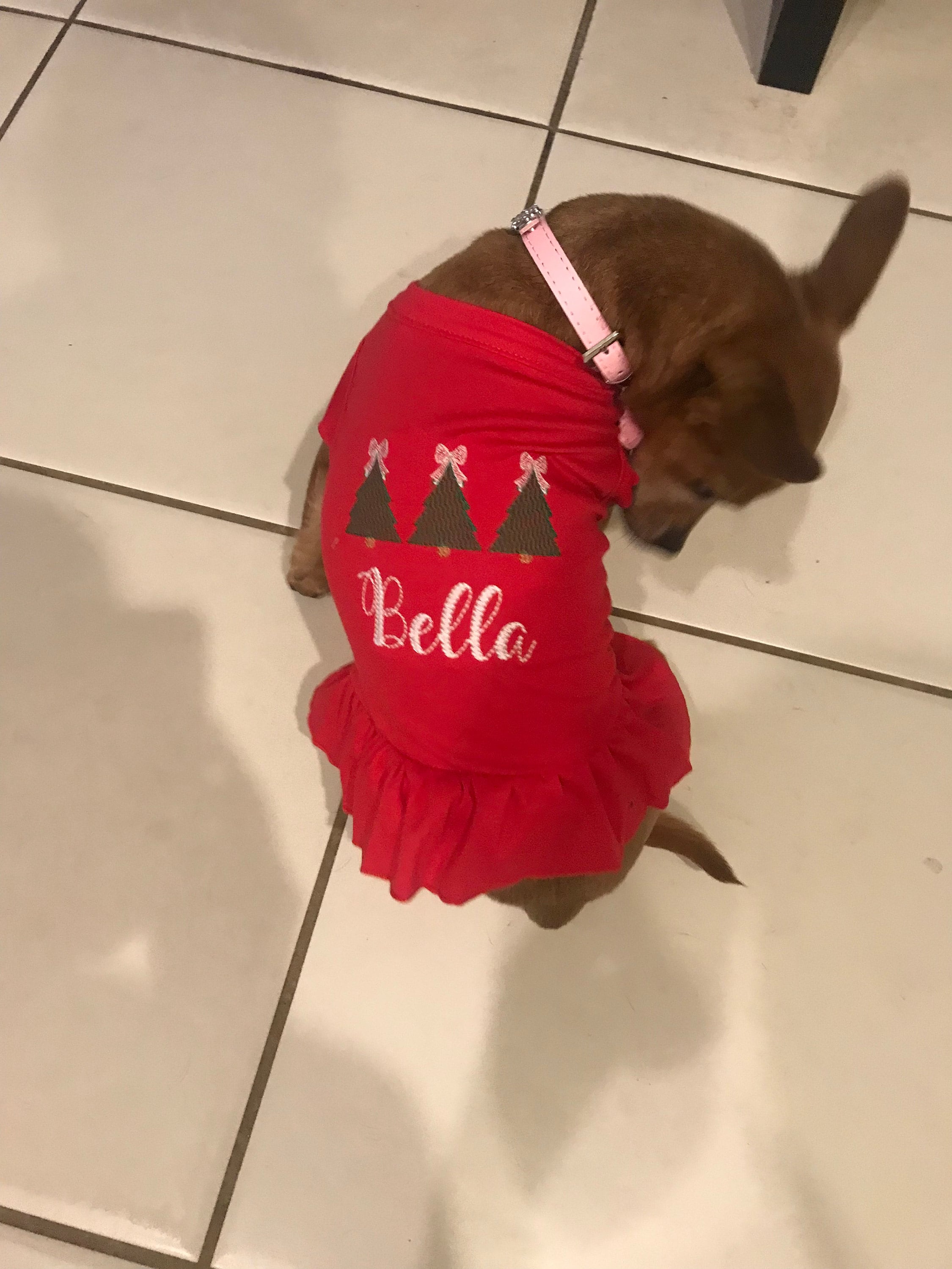 Christmas Dog Shirt or Dress, Christmas Bow Tree Sketch Trio Monogrammed Shirt, Beautiful Personalized Embroidered Holiday Puppy Clothing