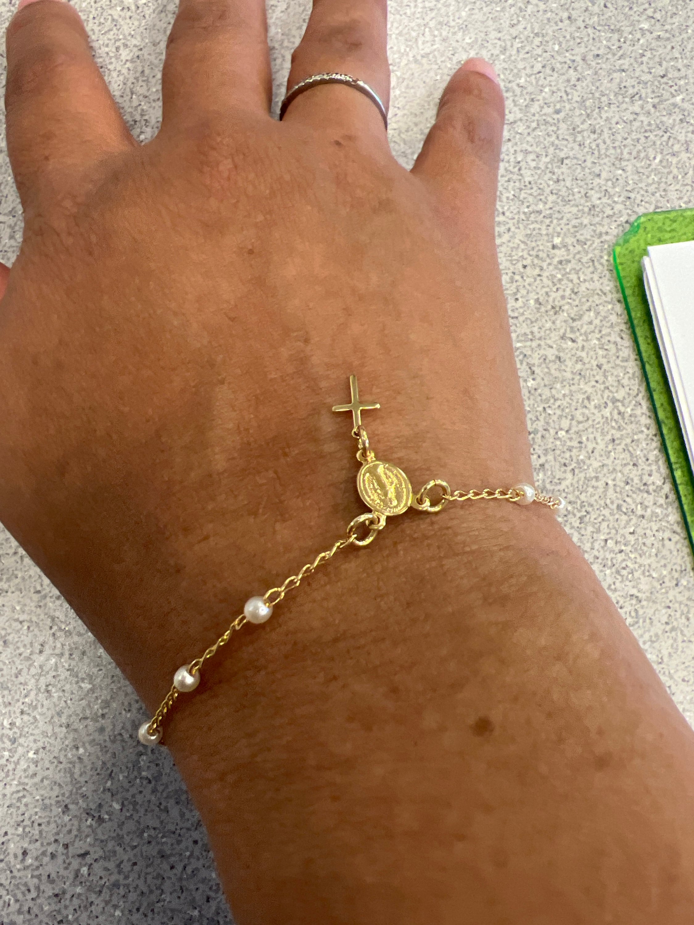 18k Dainty Gold Filled Beaded Pearl Satellite Rosary Bracelet with Virgin Mary and Crucifix Charm
