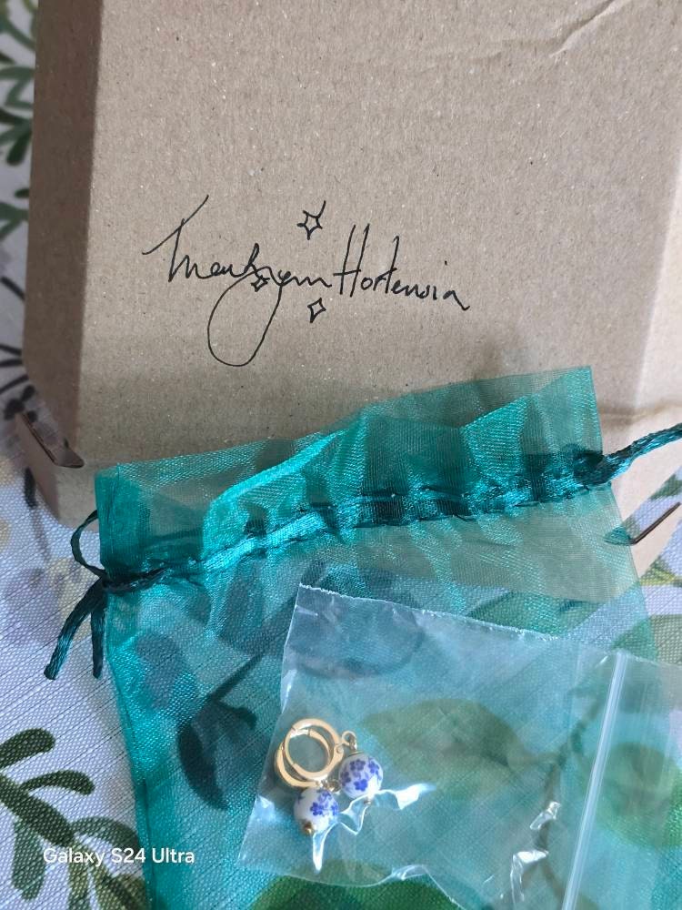 Blue & White Floral Ceramic Bead Charm Huggie Hoops, Choose 18K Gold Plated or Silver Plated, Handmade Hoop Earrings by Detail London.