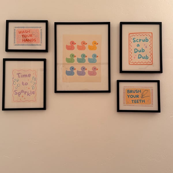 Bathroom Wall Art Set of 6 Printable Posters Fun Rubber Duck Wash Your ...