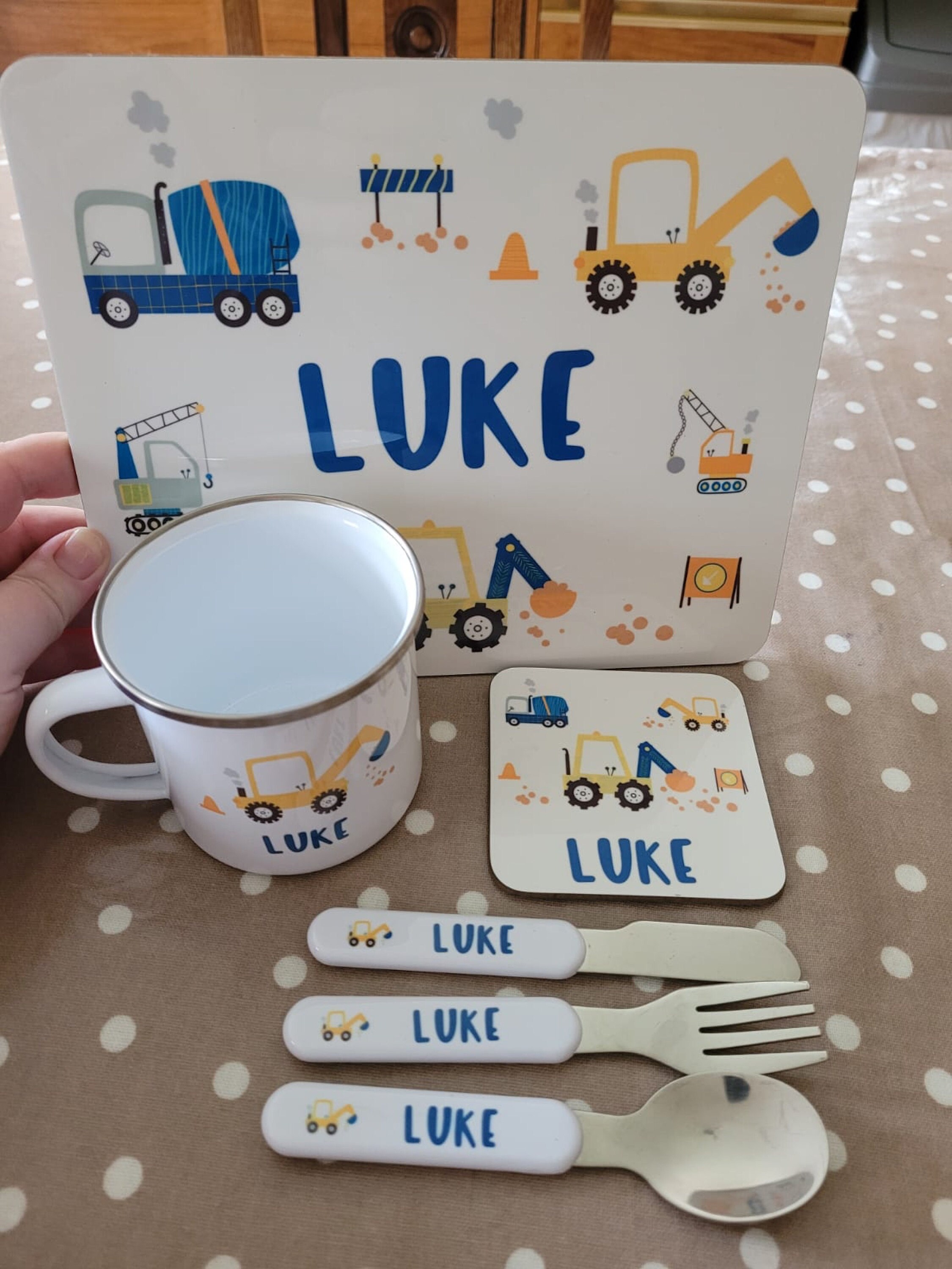 Personalised Kid's Dinner Set, Placemat, Coaster and, or Cutlery, Diggers & Dumpers, Birthday Gift, Child's Name, Excavator, Building Site