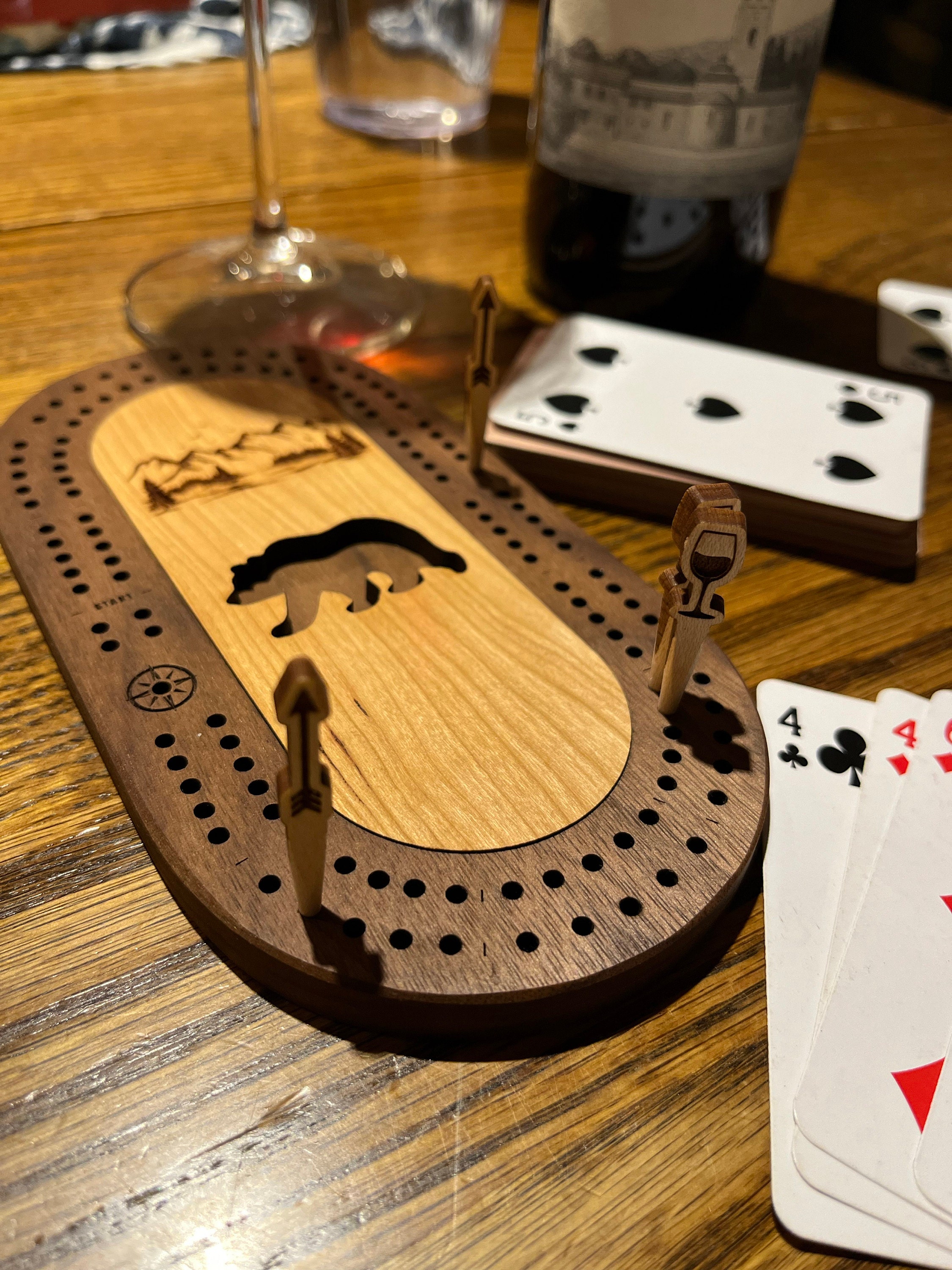 Wildlife Mini Cribbage Board Personalized with Custom Pegs - Bees, Fish, Moose, Bear, Tree, Bigfoot, Small Travel Cribbage
