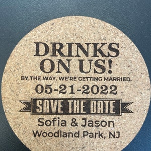 Free Drinks Save The Date Cork Coasters - Baum Designs