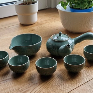 青磁茶器　ティーセット　陶磁器　骨董　アンティーク　梨花　韓国 韓国青磁茶器セット（ダギ）：蔓モチーフ 5人セット - Etsy 日本
