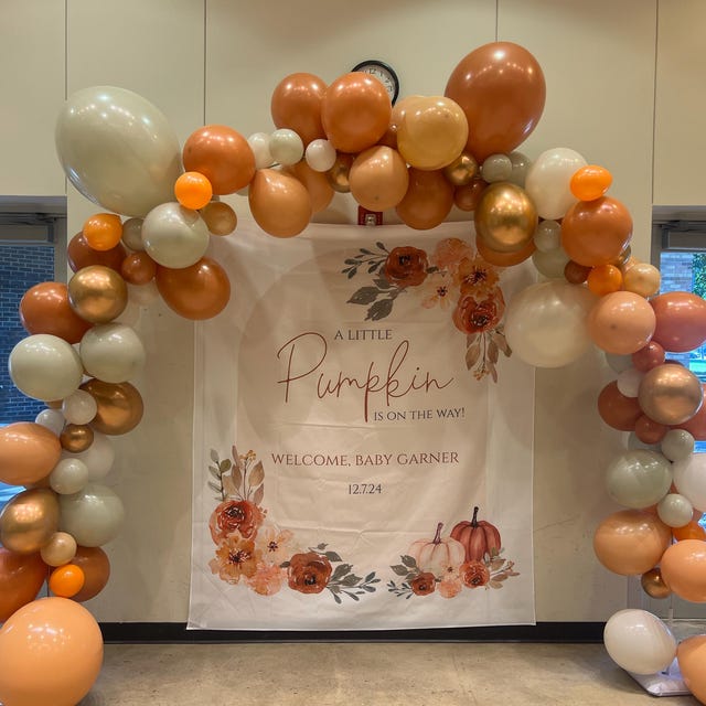 Pumpkin Baby Shower Backdrop - 5.9x3.6ft Orange White Floral 'A Little Pumpkin Is On The Way' Banner