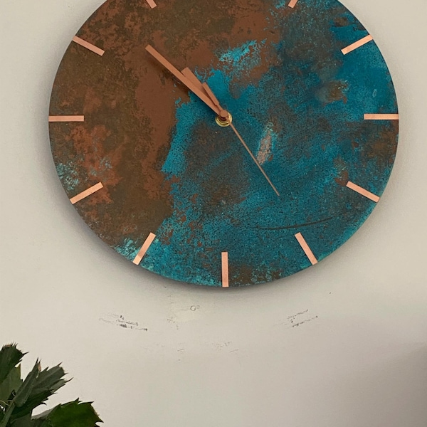 Wall Clock Round, Industrial Clock Copper Patina. Wall Art Copper ...