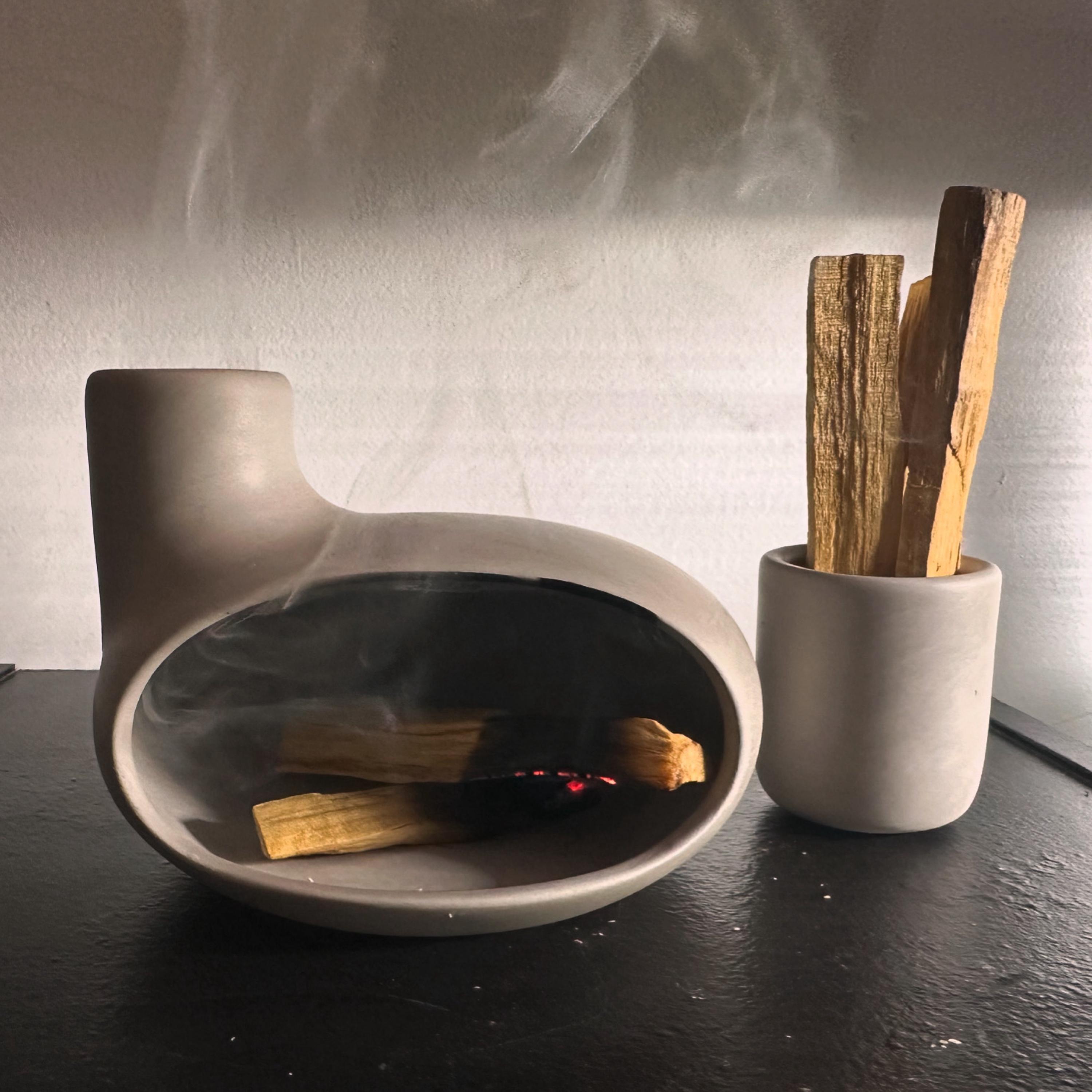 Palo Santo Holder & Matchstick Holder Set, Cone Incense Burner, Handmade Modern Ceramic Chiminea Incense Holder, Meditation Gift