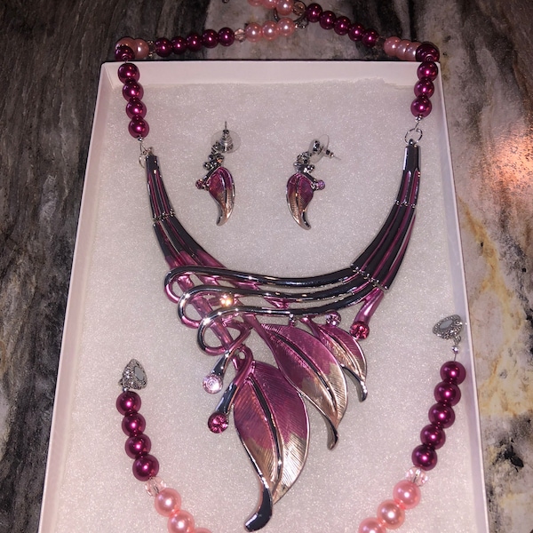 Vintage Chunky Statement Jewelry Set – Leaf Floral Bohemian Bib Necklace & Earrings For Women, Party Gift