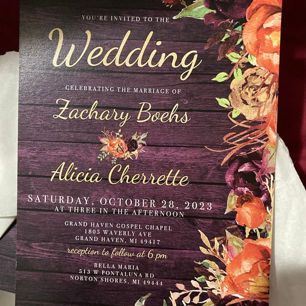 Rustic Purple and Orange Floral Fall Wedding Invitation Personalized ...