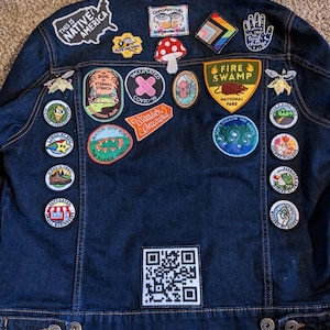 FO] self drafted patch for my jacket. It's a link leading to rickroll'd  video, I think it's funny : r/CrossStitch