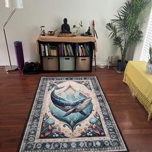 Whale Printed Rug for Ocean Inspired Decor, Blue and Cream