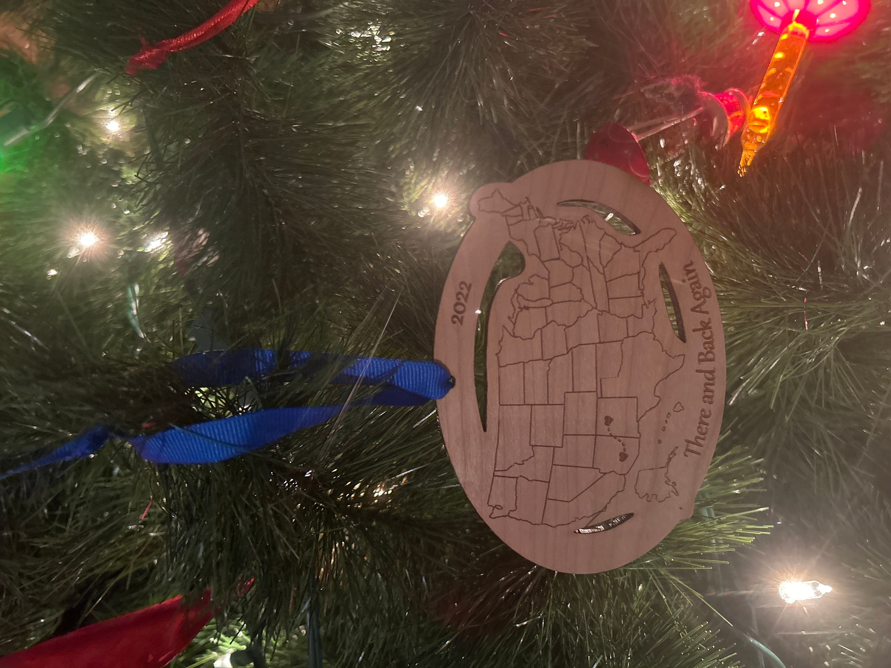 Custom Text and Cities US Map ornament, Road Trip Travel Ornament, long distance relationship, 50 state marathons