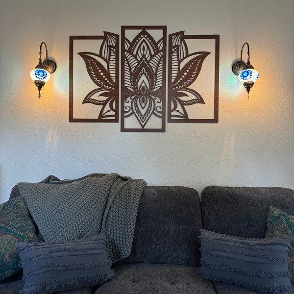 Lotus Mandala Wall Art - Set of 3 Panels Spiritual Zen Wooden Flower ...