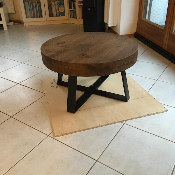 🌟*NEW* Coffee Table - Distressed Gray Oak Finish, Round, Black Metal Frame, Beige, Wood, Rustic