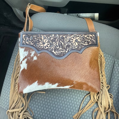 Leather Cowhide Purse With Fringe Large Tote With Sunflower Tooled ...