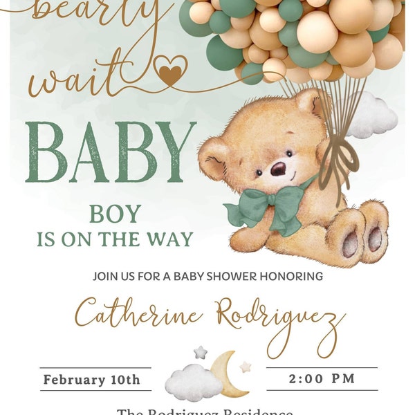 Sage Green Bear Baby Shower Invitation, Editable We Can Bearly Wait Boy ...