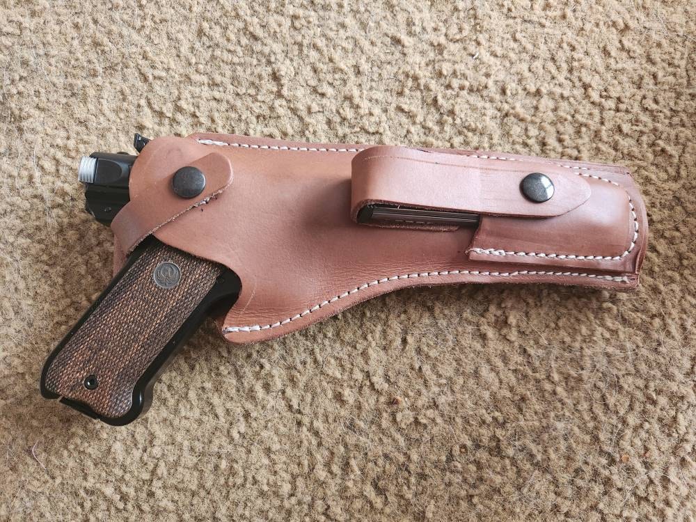 Ruger Mark I II III IV Tanned Leather Holster w Magazine Pouch Mk & Standard 4.75, 5.5, 6, 6.88 Barrels